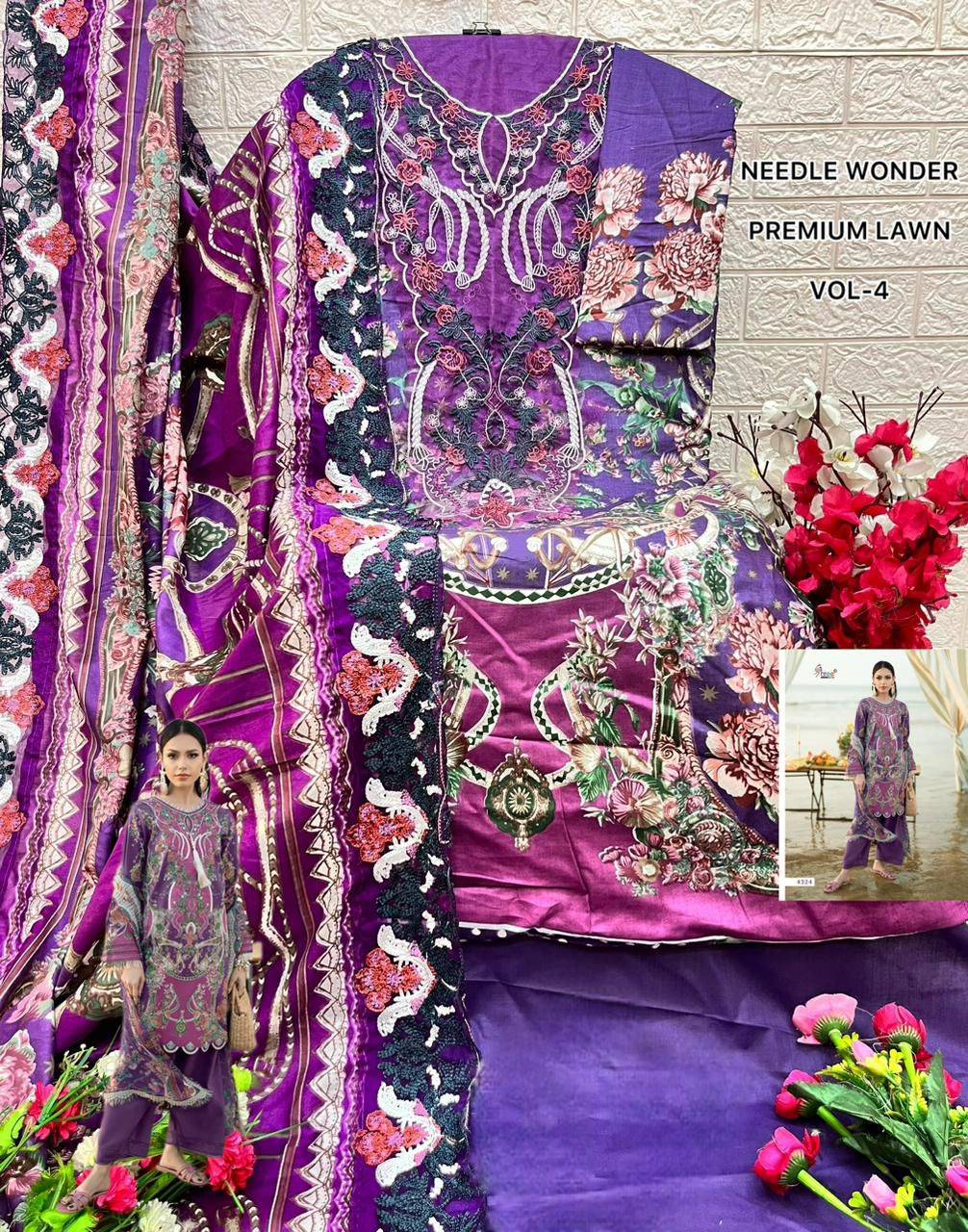 NEEDLE WONDER PREMIUM LAWN VOL-4 By Shree Fabs 4321 To 4328 Series Designer Pakistani Suits Pure Cotton print Dresses At Wholesale Price